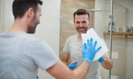 Žena s plavim rukavicama čisti ogledalo u kupaonici