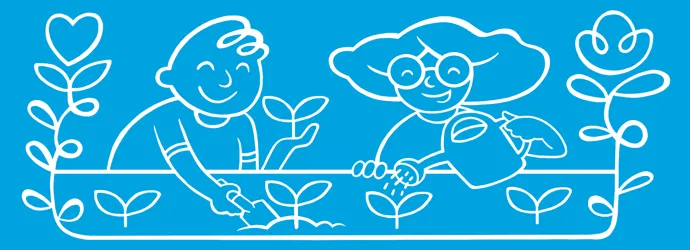 Ilustrovana deca u bašti zalivaju biljke
