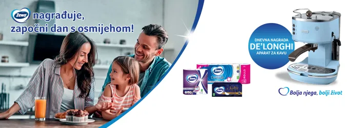 KUPI bilo koja dva ZEWA proizvoda i možeš osvojiti DeLonghi aparat za kavu!
Kako do nagrada?