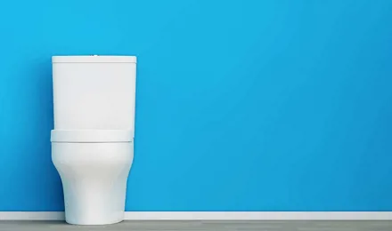 Чистий, білий туалет на фоні синьої стіни