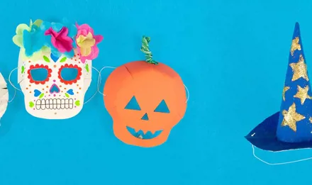 Házi készítésű halloween maszk múmiához, koponyához és tökhöz házi készítésű boszorkánykalappal