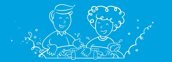 Illustrated man and woman washing their hands in a sink