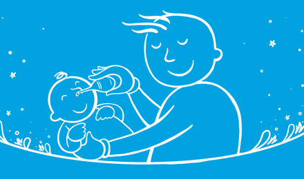 Tată ilustrat ținând un copil și suflându-i nasul cu o seringă cu bec