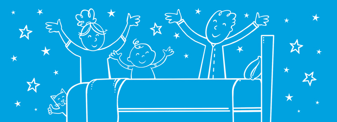 Ilustrirana obitelj oko uredne spavaće sobe podižući ruke u znak proslave sa zvijezdama u pozadini