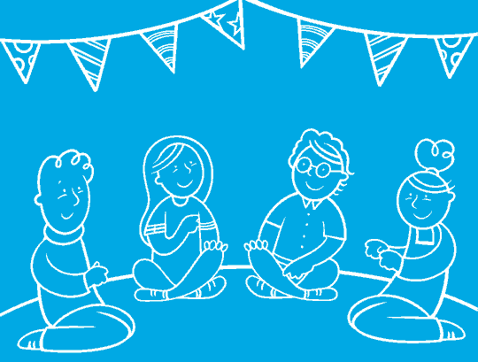 Négy barát ül egy körben egy dekoratív sármány alatt, mielőtt az egyik feláll játszani.