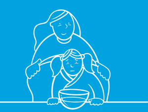 Анимиран GIF на родител, държащ хавлия над главата на дете пред съд с вряща вода.