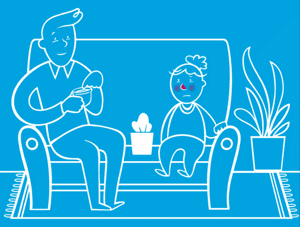 Анимиран GIF на родител, седящ на диван с дете и полагащ крем върху носа на детето.