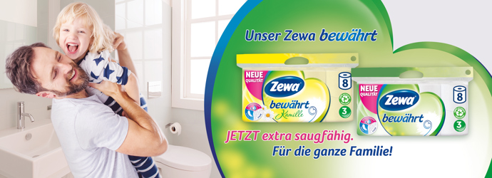 Zewa bewährt Toilettenpapier:
JETZT extra saugfähig