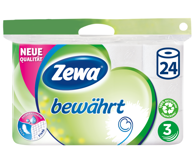 Zewa bewährt Toilettenpapier:
JETZT extra saugfähig