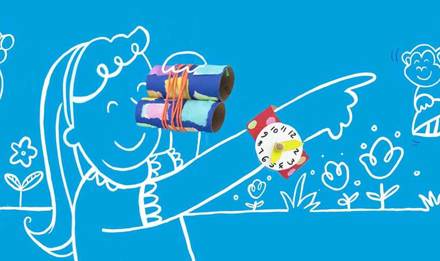 Illustrierte Kinder spielen mit einem Spielzeug Fernglas und angemalten Pappboxen