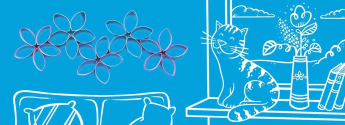 Blumen aus Pappe vor einem illustrierten Wohnzimmer im Hintergrund