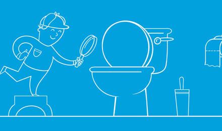 Illustrierter, als Detektiv verkleideter Junge schaut mit einer Lupe eine Toilette an