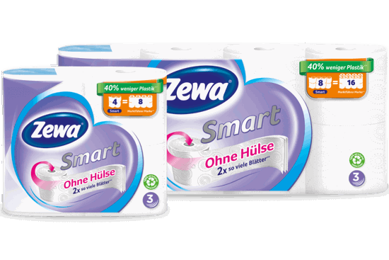 <p>Eine Neueinführung im Rahmen unserer Bestrebungen, nachhaltige Produkte herzustellen, ist Zewa Smart – unser umweltfreundliches Toilettenpapier ohne Papprolle, das länger hält. Dadurch können wir Karton und Transportkosten einsparen. <br /><br /><strong>Und wenn 20 Millionen Kunden zu dieser Alternative wechseln, kann einiges eingespart werden:</strong></p>
