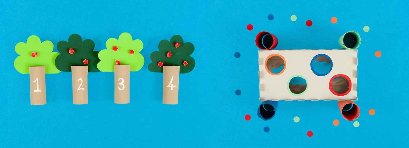 Spiele für die Entwicklung der Feinmotorik aus leeren Toilettenpapierrollen und Taschentuchboxen