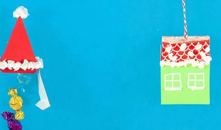 Ideen fürs Verpacken von Weihnachtsgeschenken aus Karton und Taschentüchern in Form von Weihnachtsmütze und geschmücktem Haus
