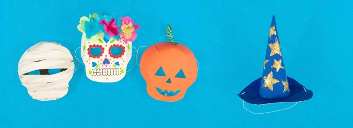 Măști făcute manual pentru Halloween - mumie, craniu din zahăr și un dovleact cu pălărie de vrăjitoare