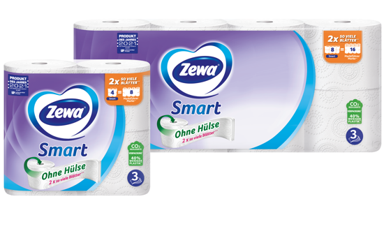 Eine Neueinführung im Rahmen unserer Bestrebungen, nachhaltige Produkte herzustellen, ist Zewa Smart – unser umweltfreundliches Toilettenpapier ohne Papprolle, das länger hält. Dadurch können wir Karton und Transportkosten einsparen. Und wenn 20 Millionen Kunden zu dieser Alternative wechseln, kann einiges eingespart werden: