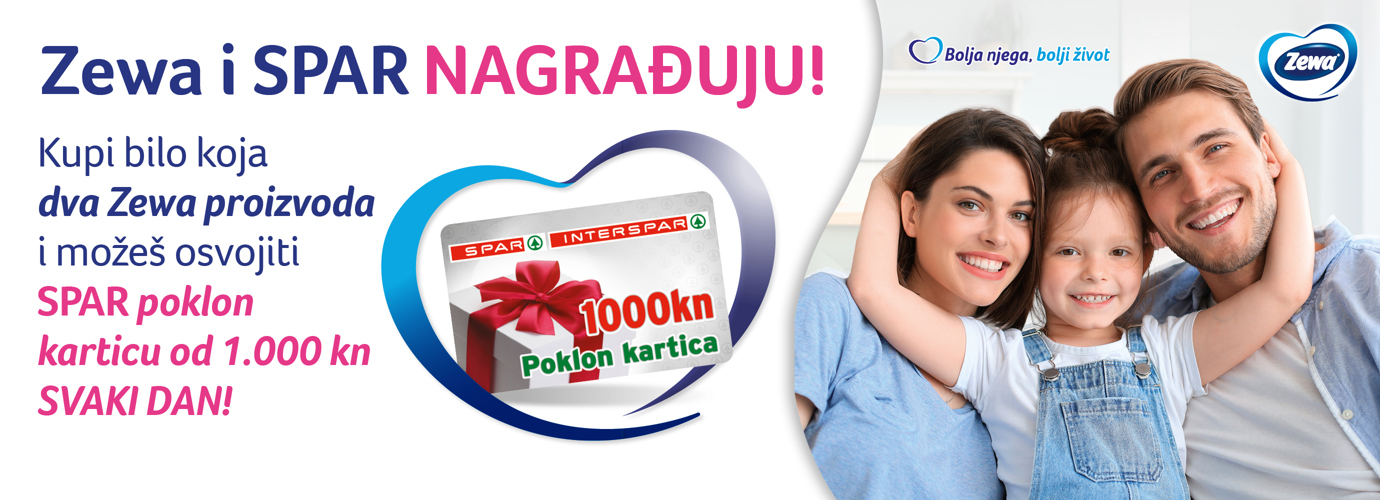Kupi bilo koja dva Zewa proizvoda i možeš osvojiti SPAR poklon karticu od 1.000 kn SVAKI DAN!
Kako do nagrada?